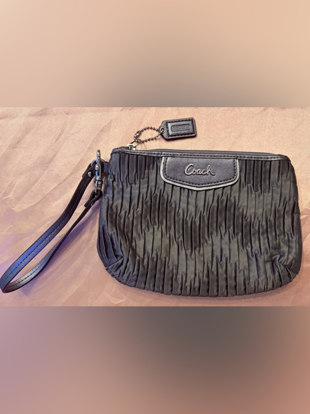 Coach Grey and Silver Pleated Wristlet with Logo Tag